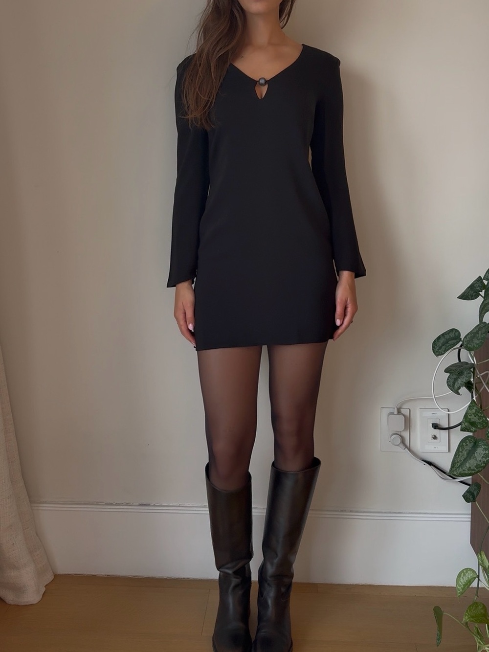 Black Long-Sleeve Mini Dress with Keyhole Ring